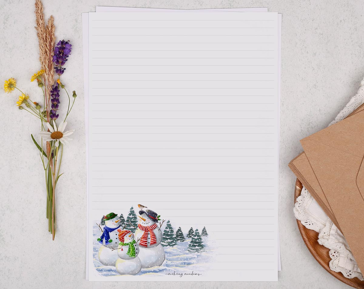 A4 Christmas letter writing paper sheets with a snowman design. 