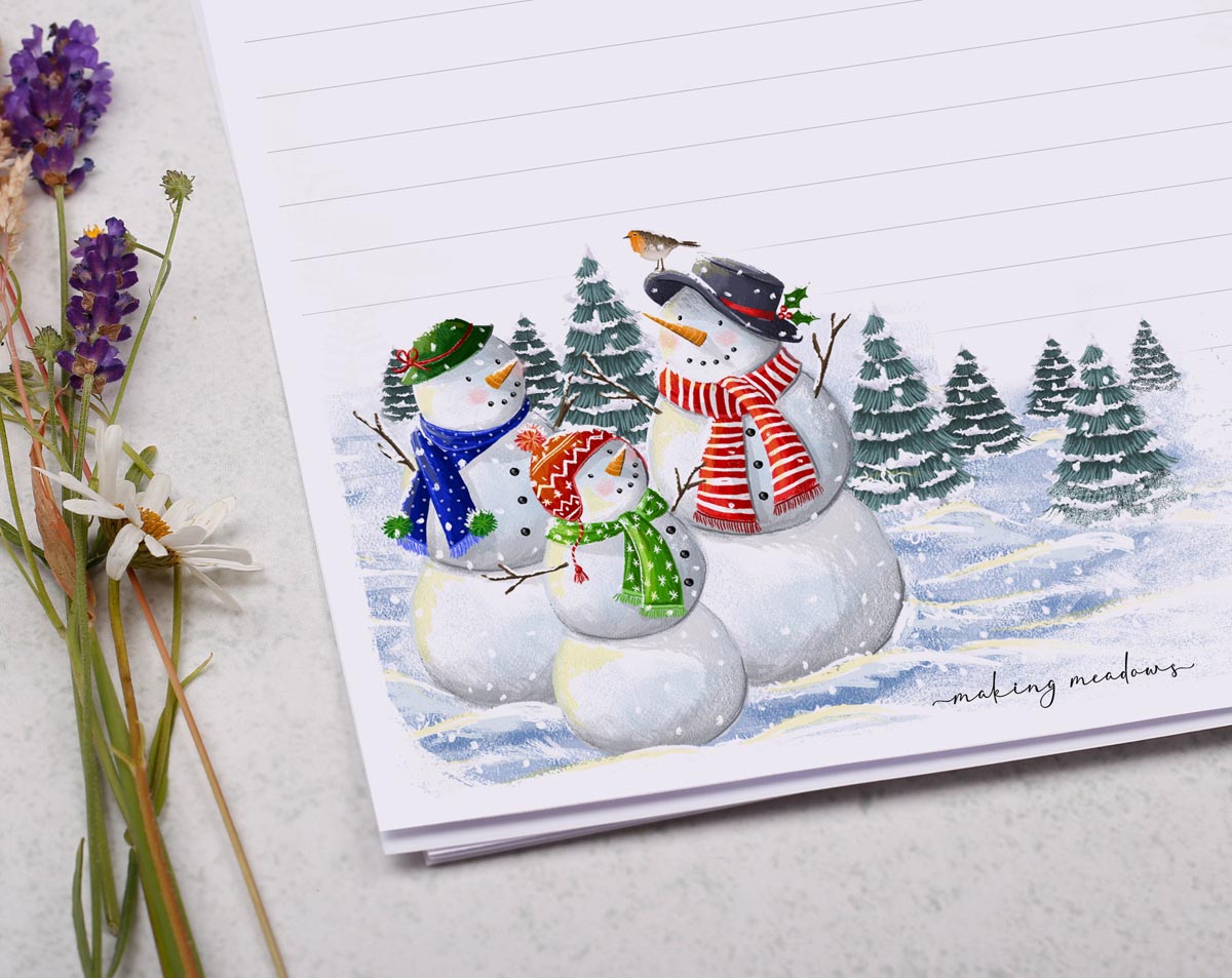A4 Christmas letter writing paper sheets with a snowman design. 