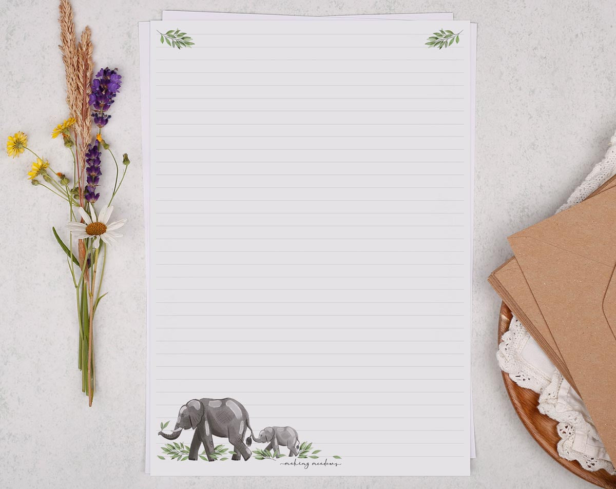 A4 letter writing paper sheets with a watercolour elephant design. 