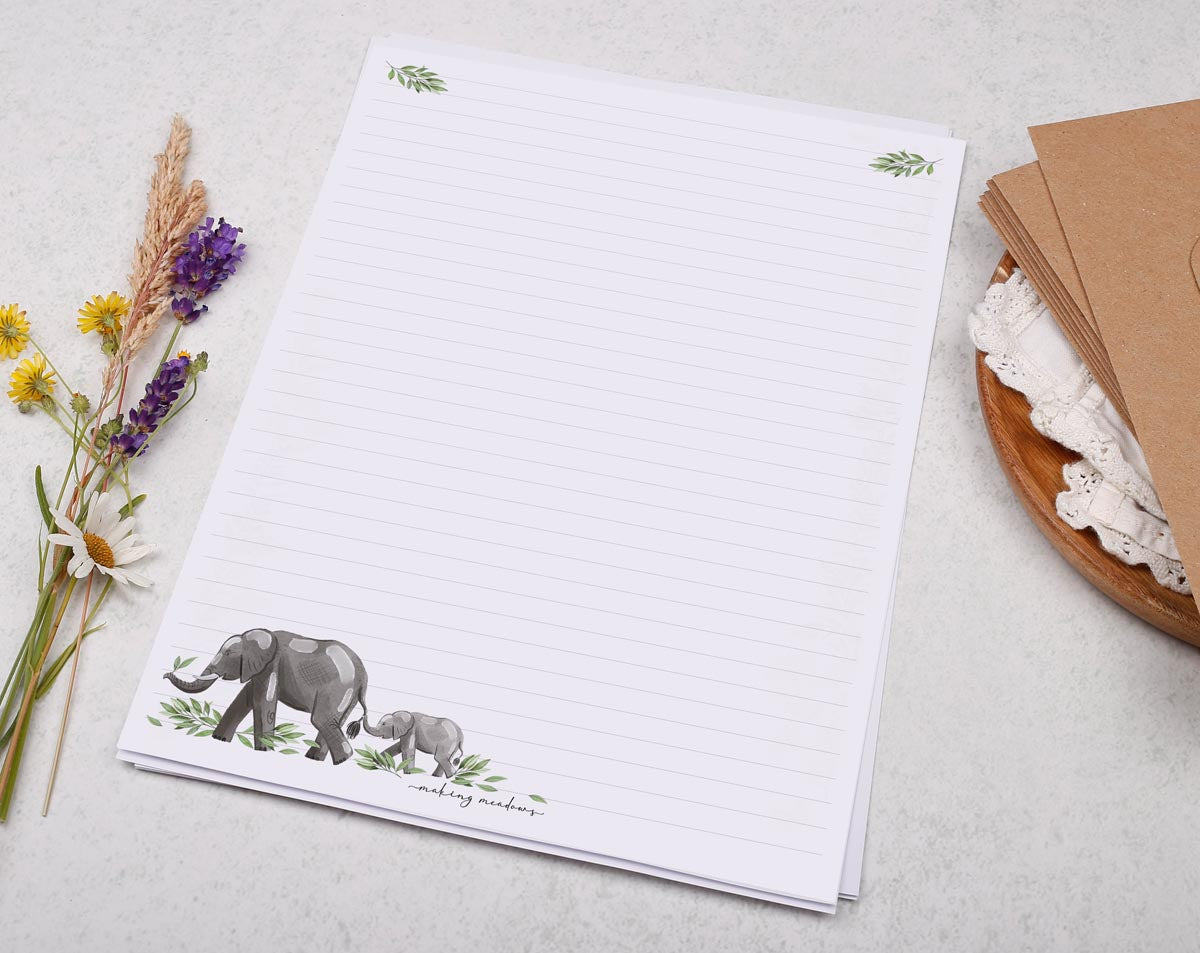 A4 letter writing paper sheets with a watercolour elephant design. 