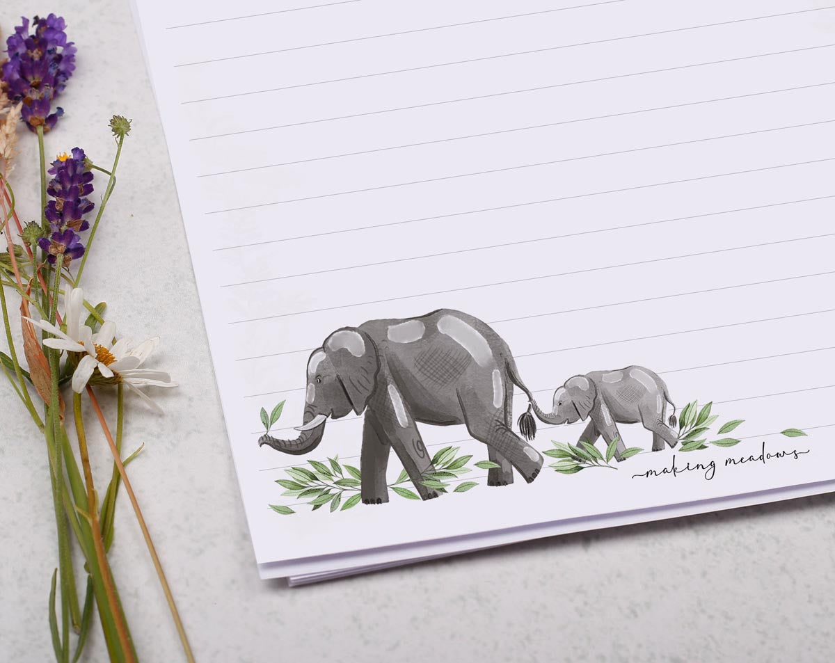 A4 letter writing paper sheets with a watercolour elephant design. 