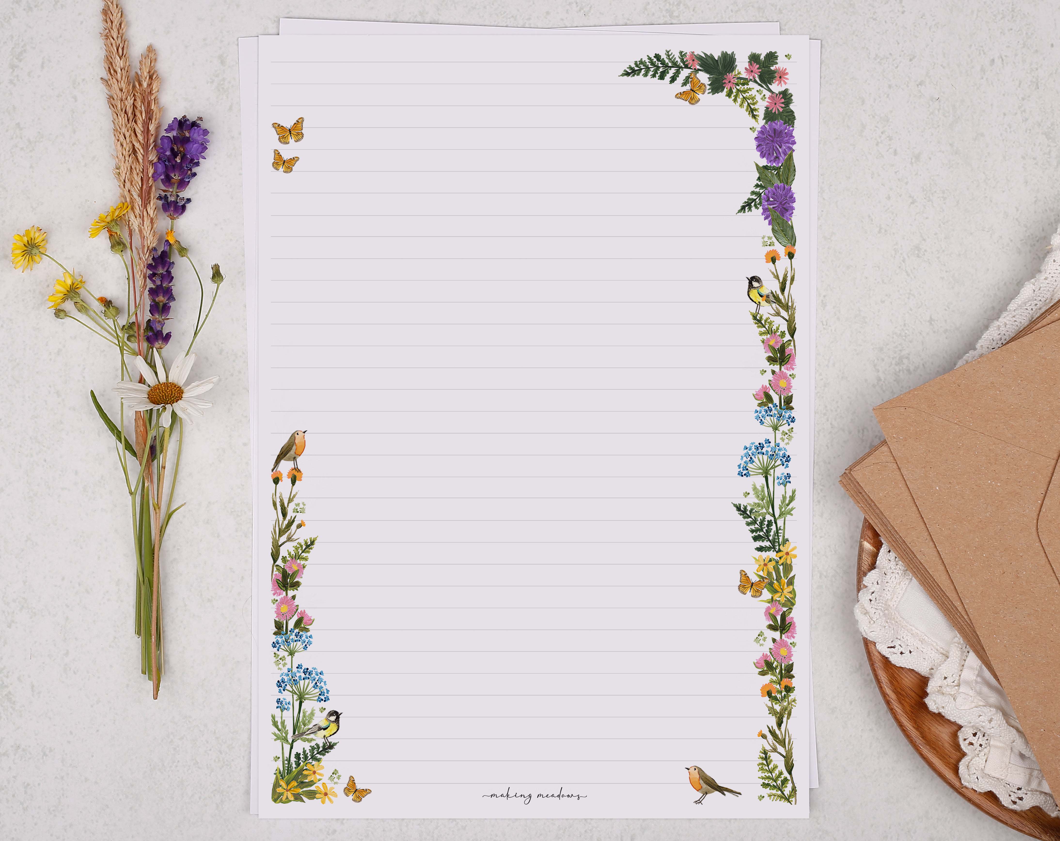 A4 writing paper with a ditsy floral meadow border