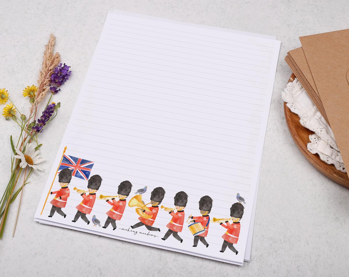 A4 letter writing paper sheets with a fun London themed design. 