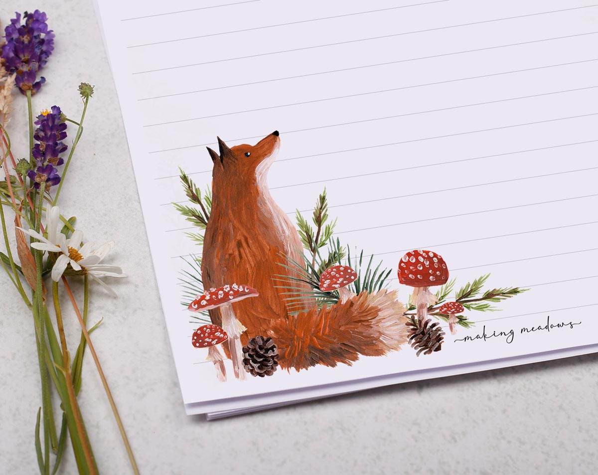 A4 letter writing paper sheets with a woodland fox design.