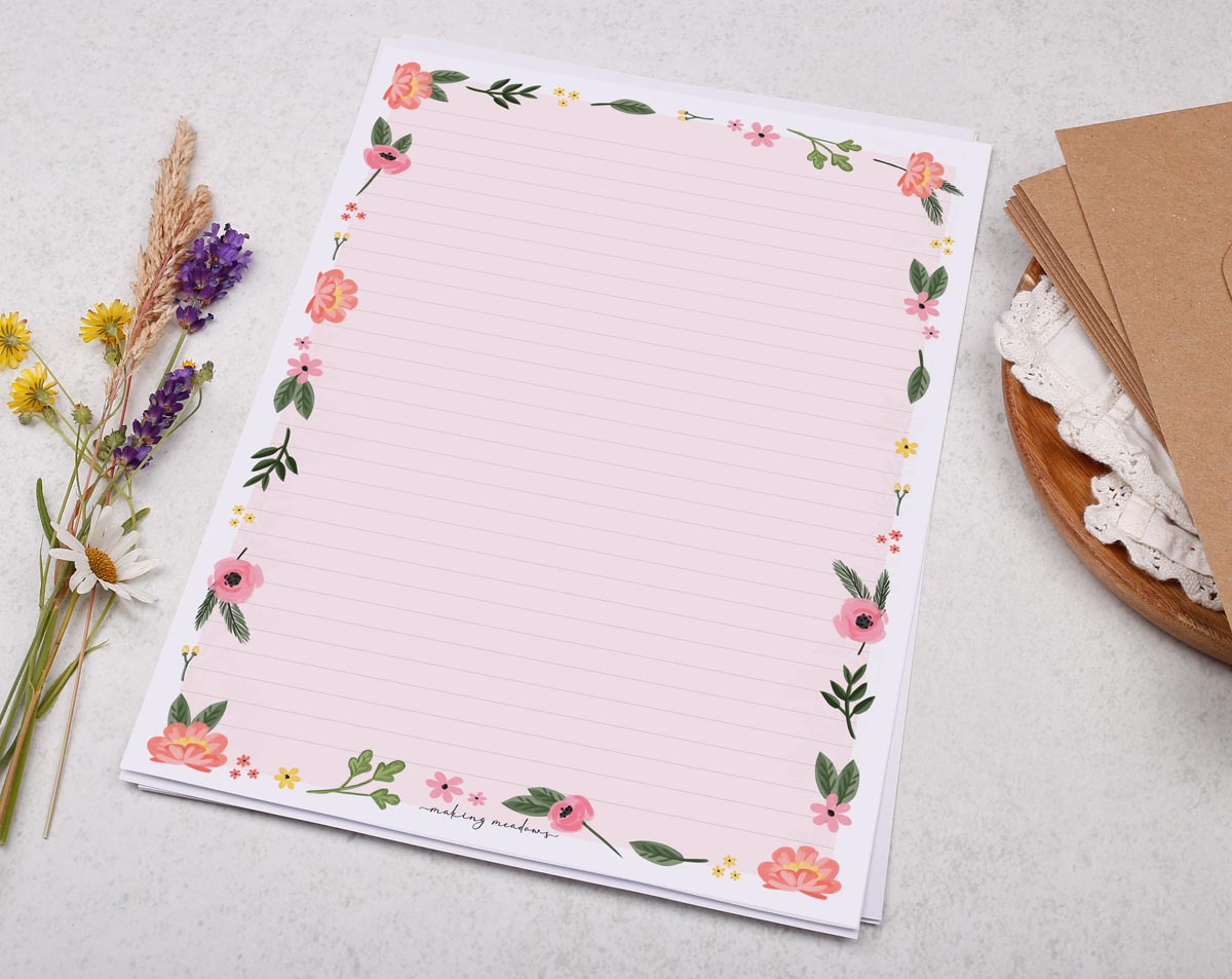 A4 letter writing paper sheets with a pretty pink floral border.