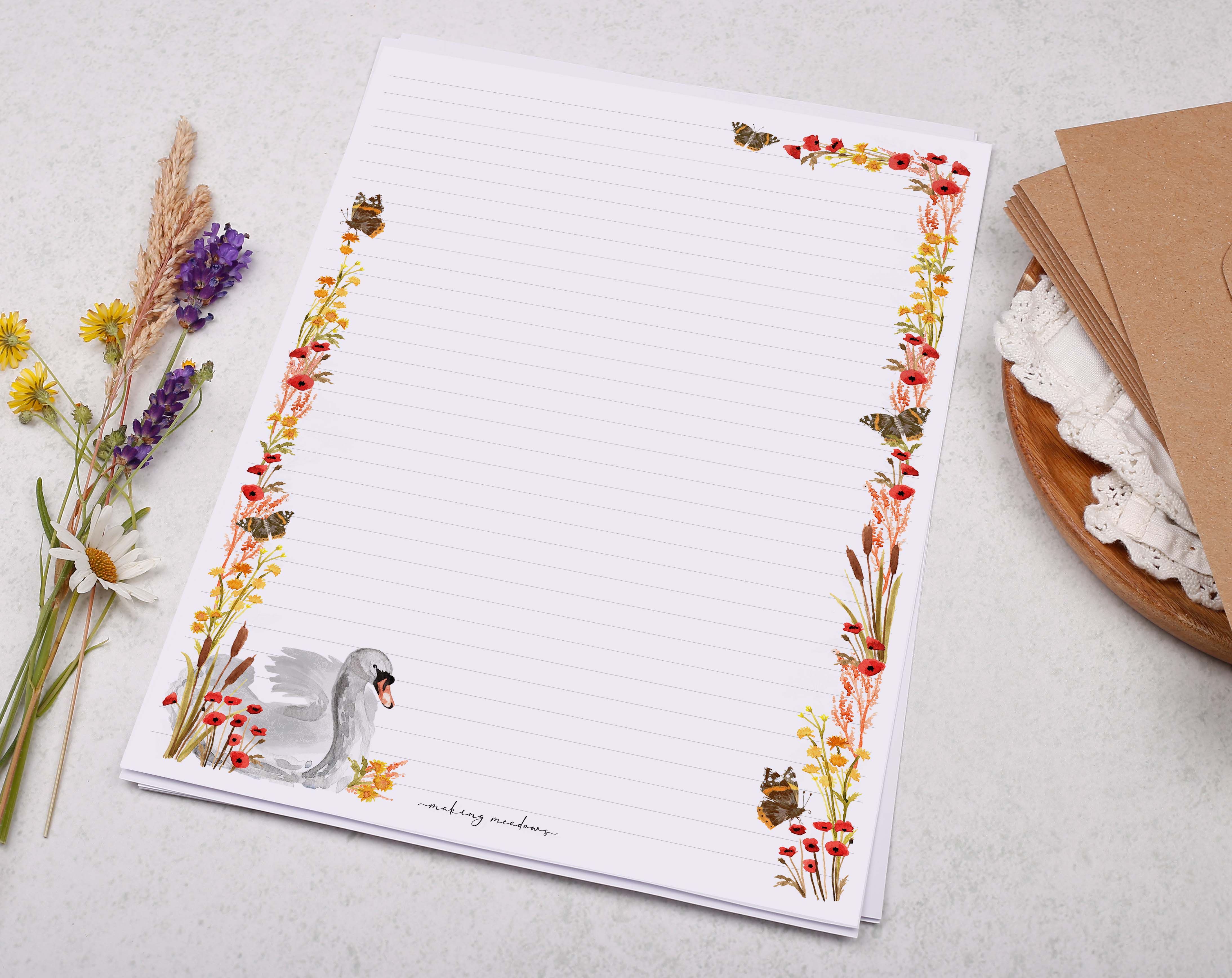 A4 writing paper with a swan and flower border
