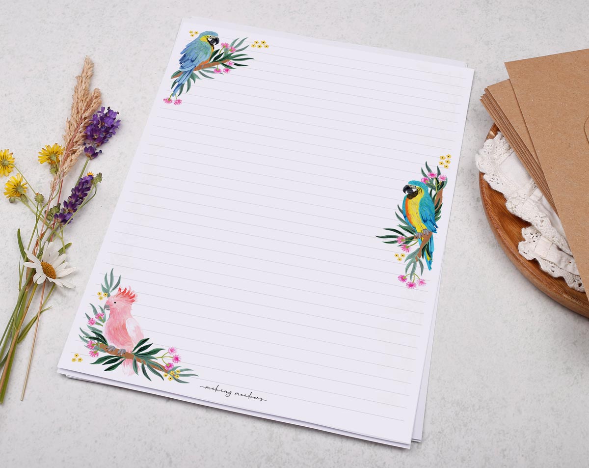 A4 letter writing paper sheets with beautiful tropical birds and parrots.