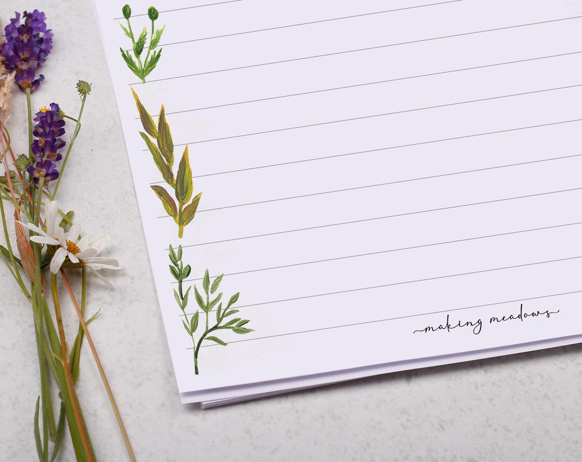 Elegant A5 letter writing paper sheets with delicate hand painted illustrations of botanics and ferns