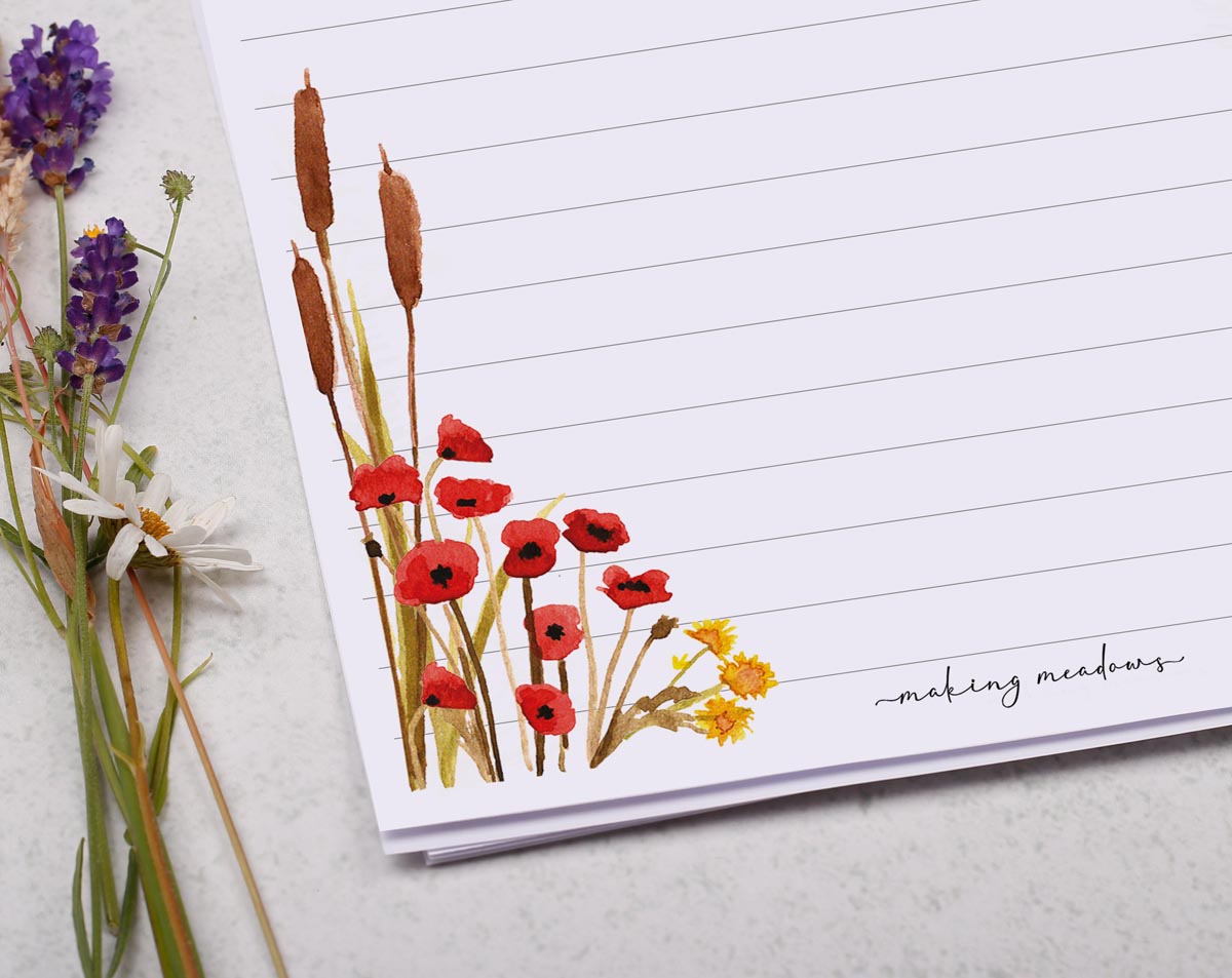 Traditional A5 letter writing paper sheets with a beautifully unique design featuring a poppy and reed border.