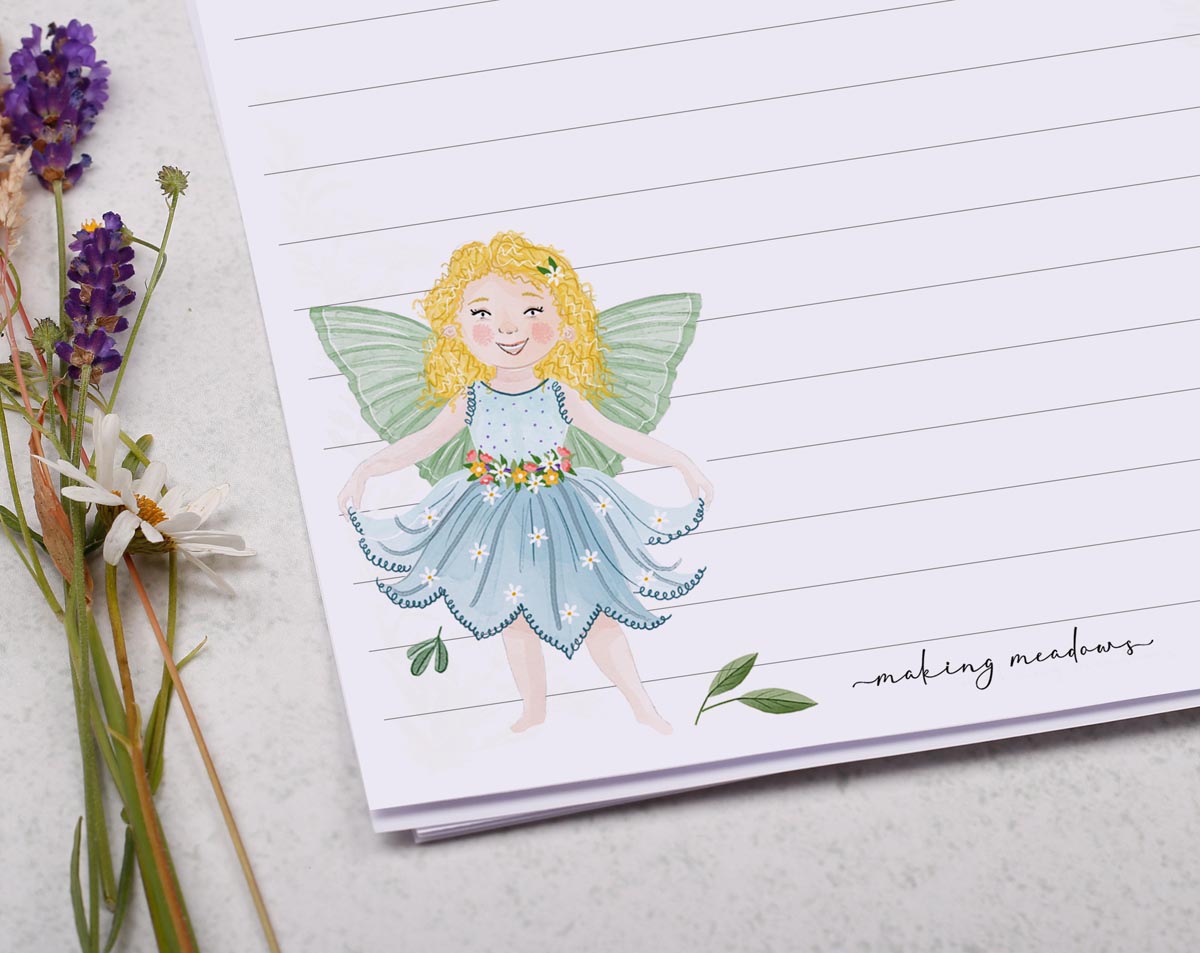 Children's A5 letter writing paper sheets with beautiful garden fairies.