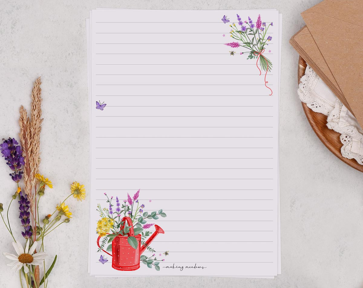 Traditional A5 letter writing paper sheets with a watercolour painted red watering can, bursting with flowers.