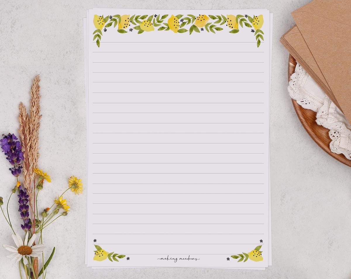 Traditional A5 letter writing paper sheets with a Mediterranean lemon border.