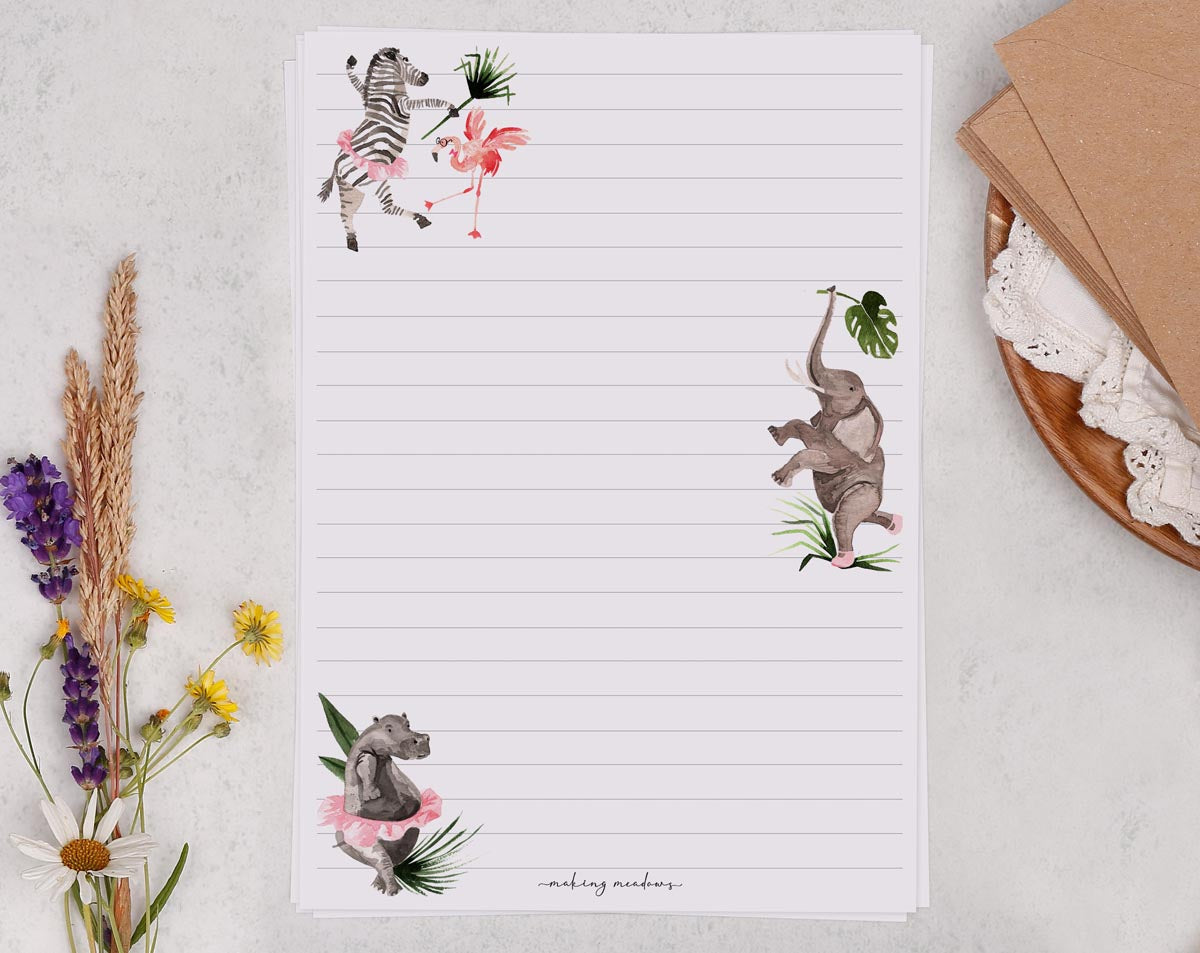 Children's A5 letter writing paper sheets with watercolour jungle animals