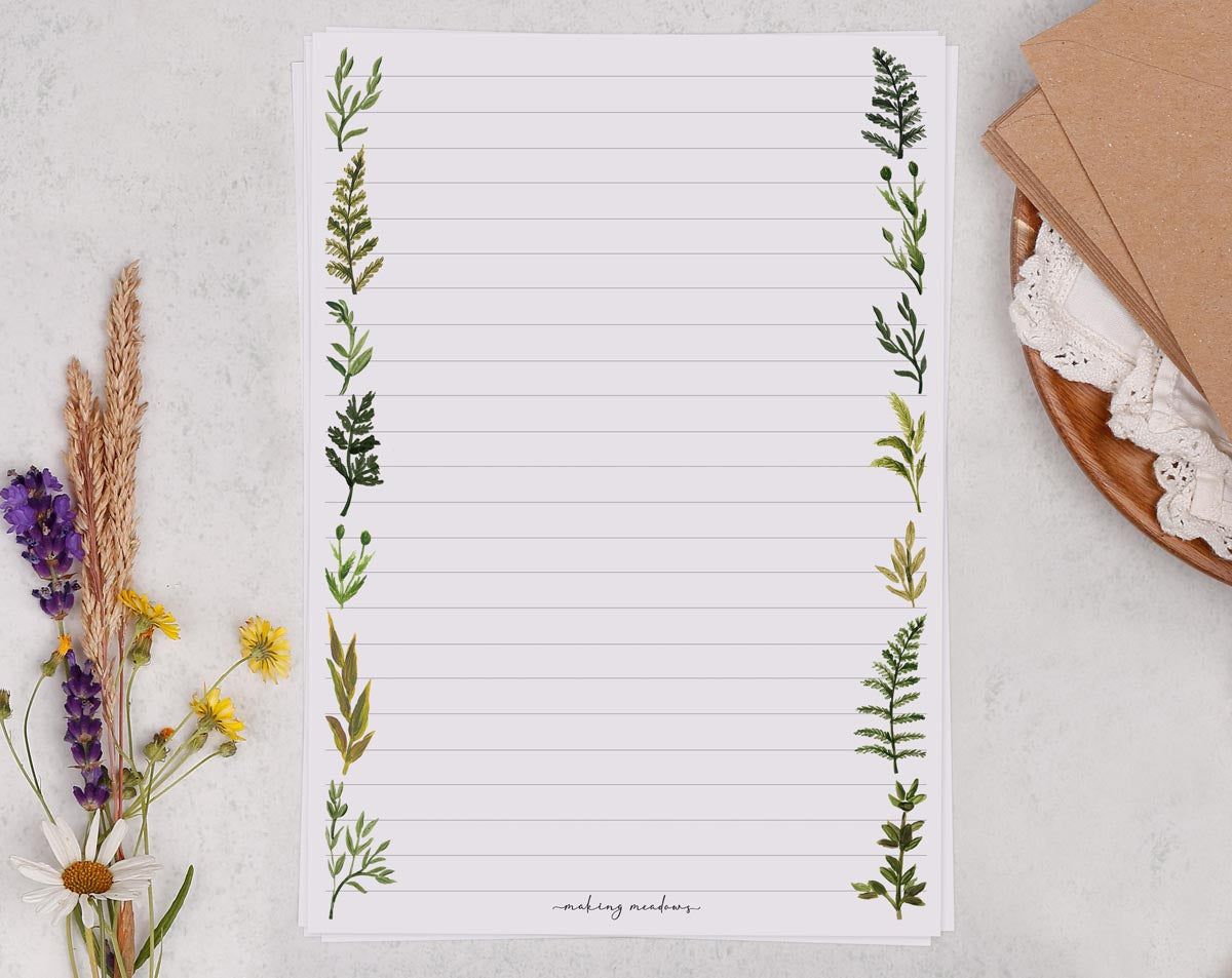 Elegant A5 letter writing paper sheets with delicate hand painted illustrations of botanics and ferns