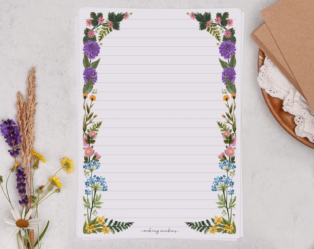 Stunning A5 letter writing paper sheets with beautiful hand painted illustrations of wild meadow flowers