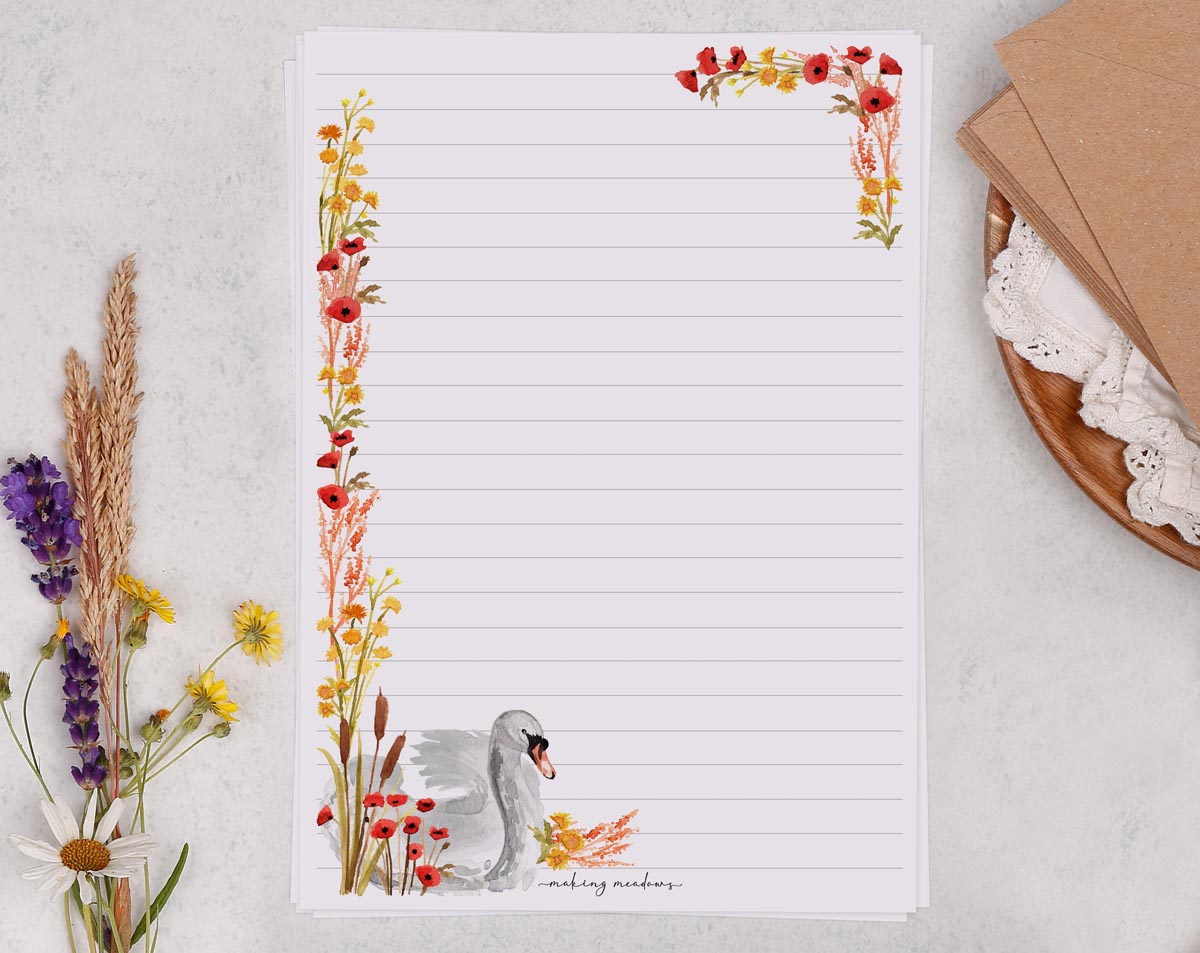 Classic A5 letter writing paper sheets with beautiful hand painted illustrations of a swan surrounded by reeds, poppies and marigolds.