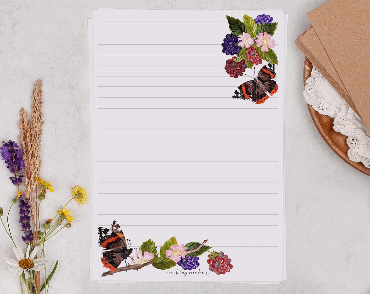 Traditional A5 letter writing paper sheets with a butterfly and blackberry design.