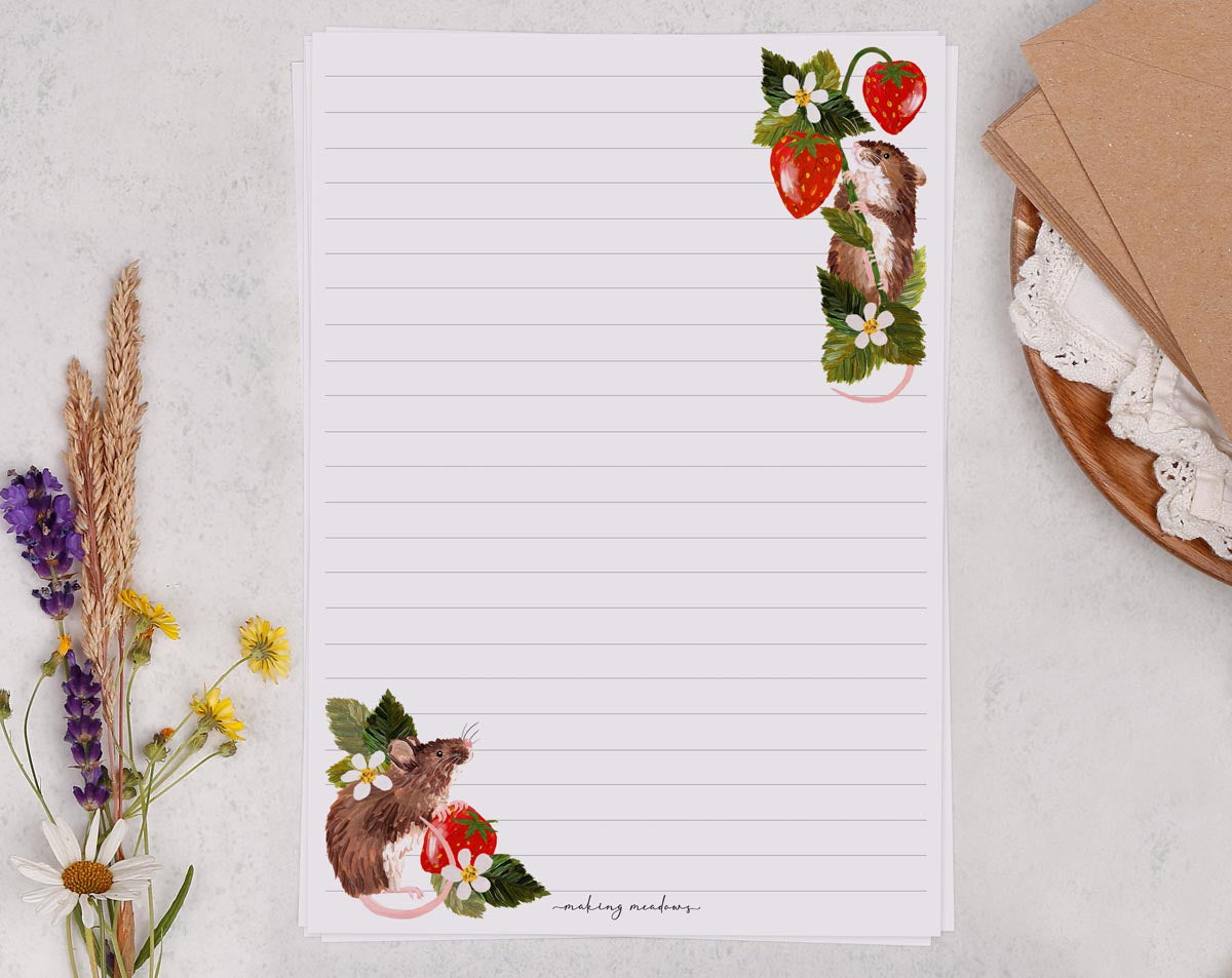 Cute A5 letter writing paper sheets with illustrated filed mice and strawberries.