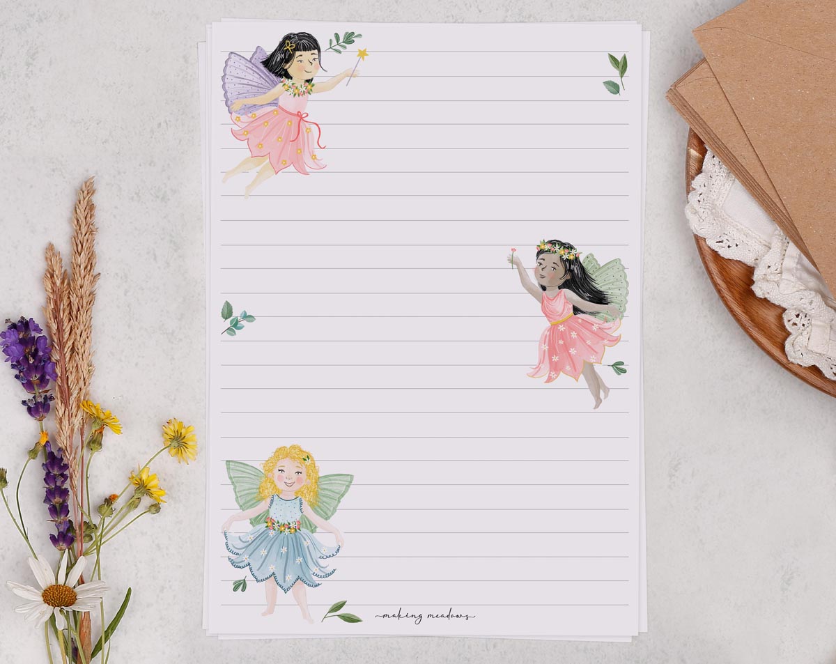 Children's A5 letter writing paper sheets with beautiful garden fairies.