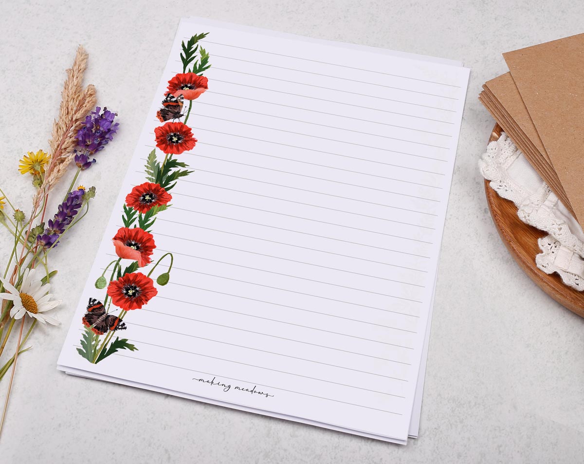 A5 letter writing paper sheets with a bold poppy flower border.
