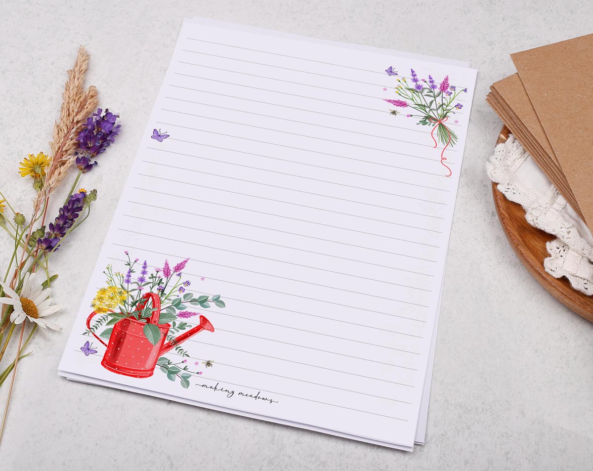 Traditional A5 letter writing paper sheets with a watercolour painted red watering can, bursting with flowers.