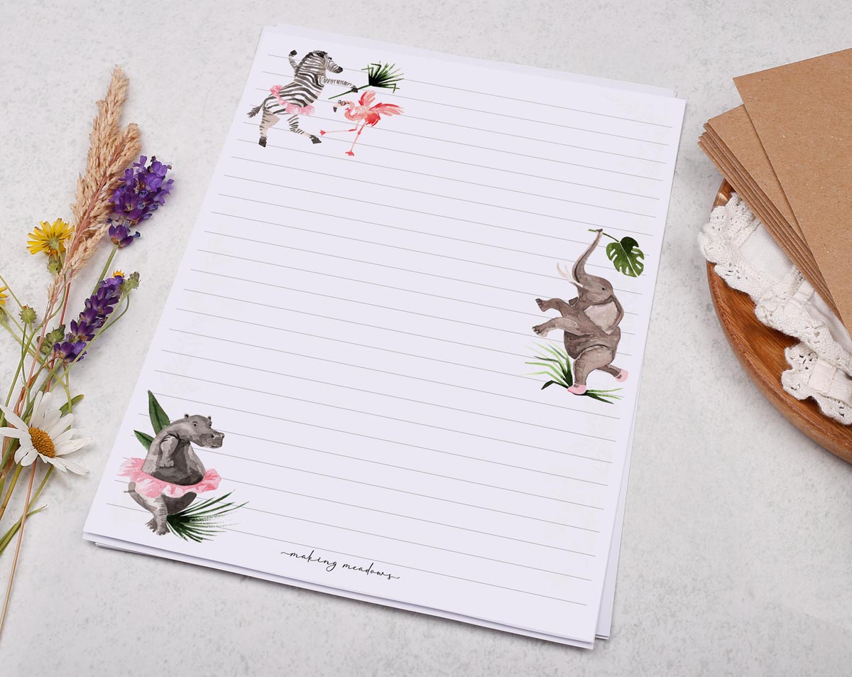 Children's A5 letter writing paper sheets with watercolour jungle animals
