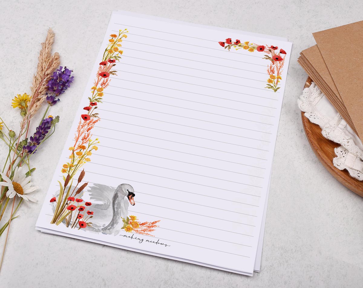 Classic A5 letter writing paper sheets with beautiful hand painted illustrations of a swan surrounded by reeds, poppies and marigolds.