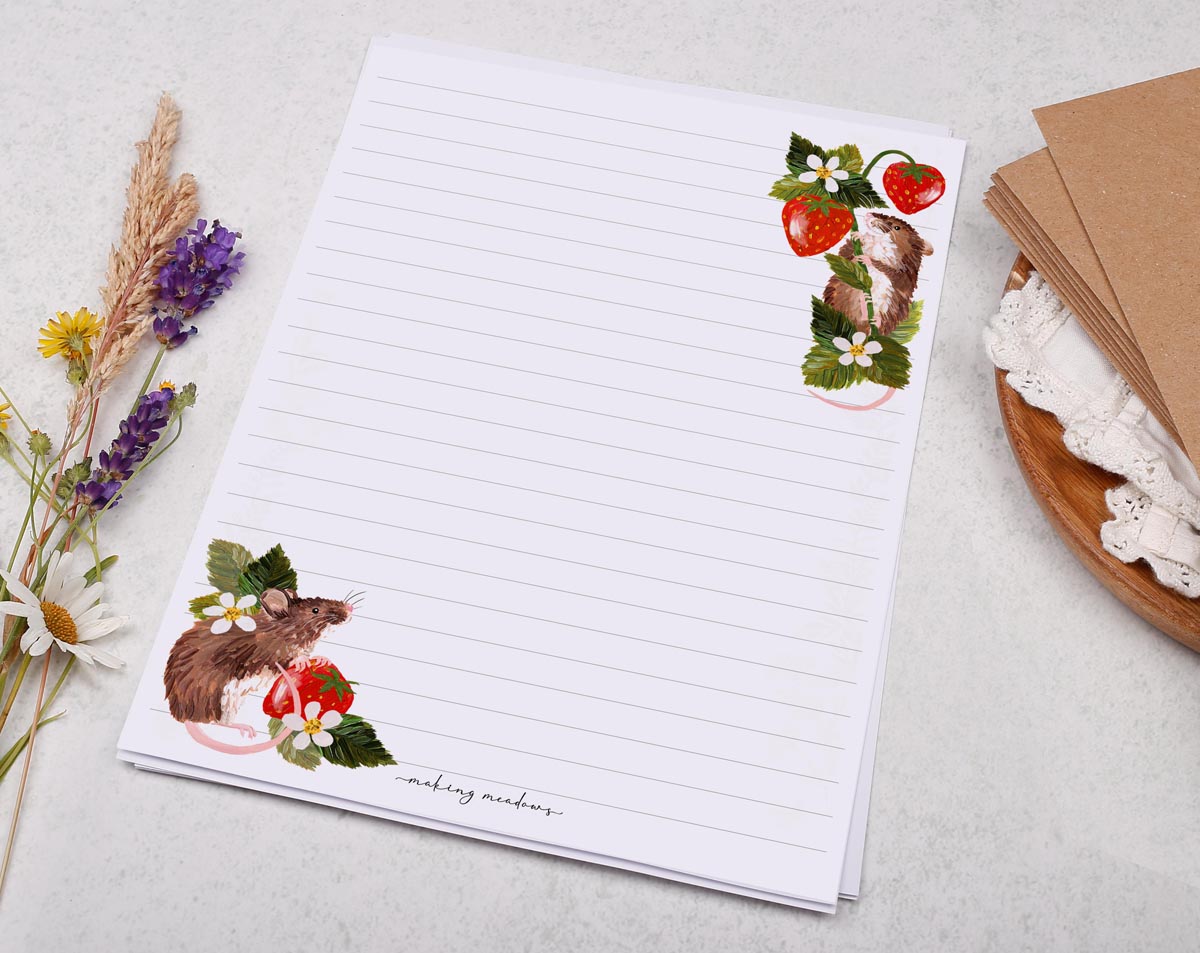 Cute A5 letter writing paper sheets with illustrated filed mice and strawberries.