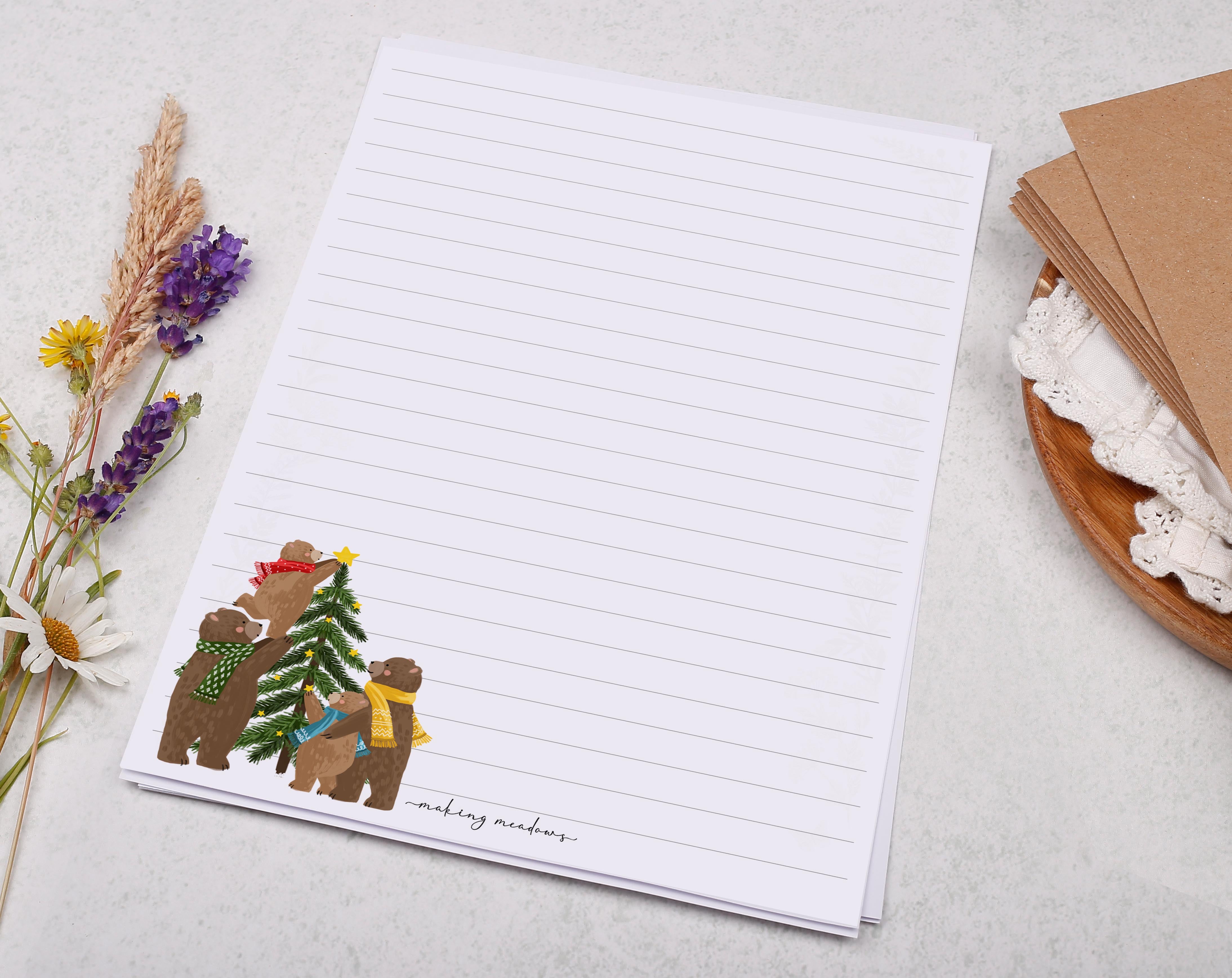 A5 writing paper with Christmas bears. Stationery designed by Making Meadows