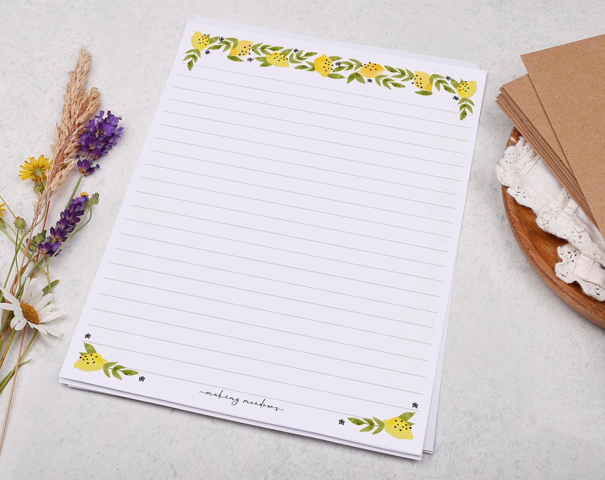A5 writing paper with Mediterranean lemons. Stationery designed by Making Meadows