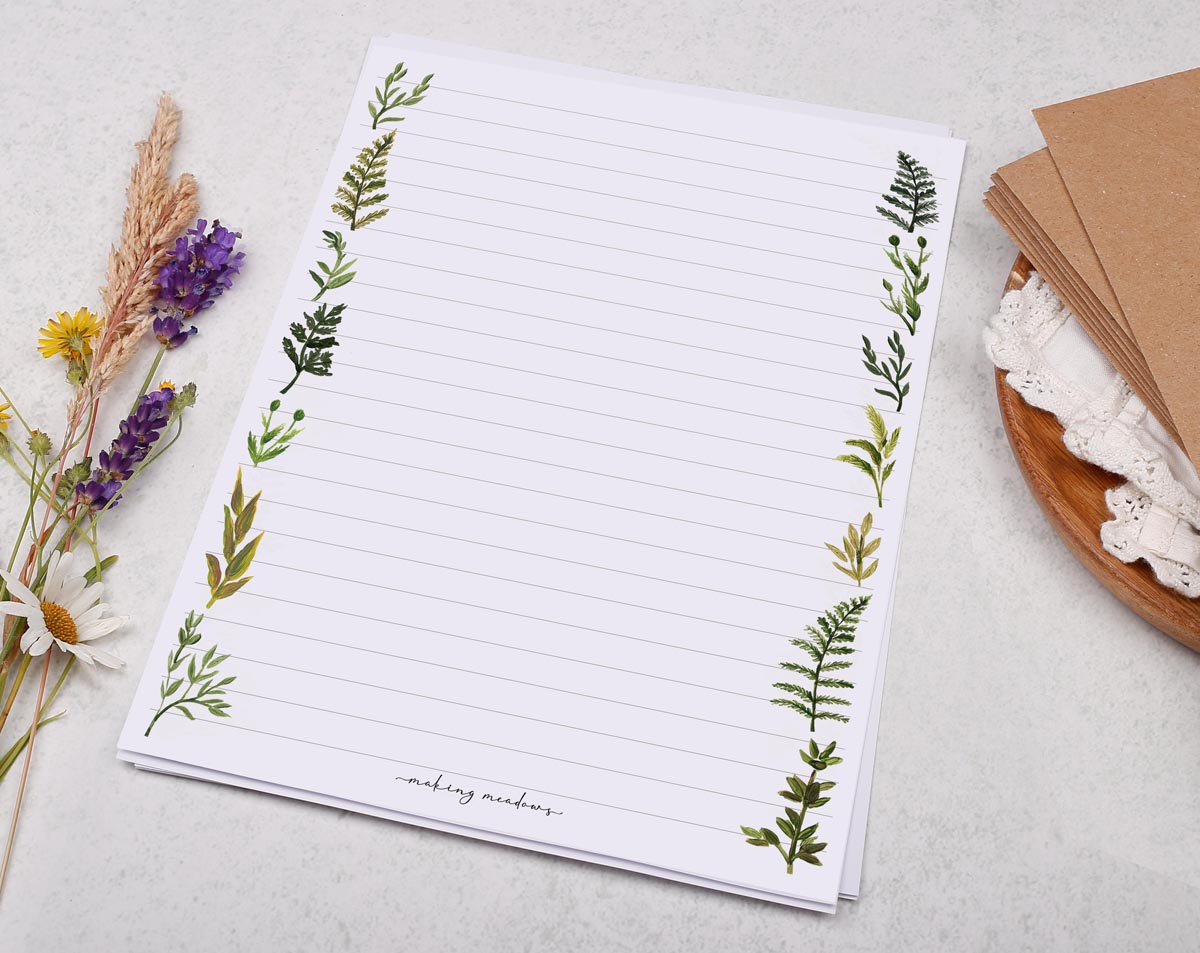 A5 writing paper with botanics & ferns. Stationery designed by Making Meadows
