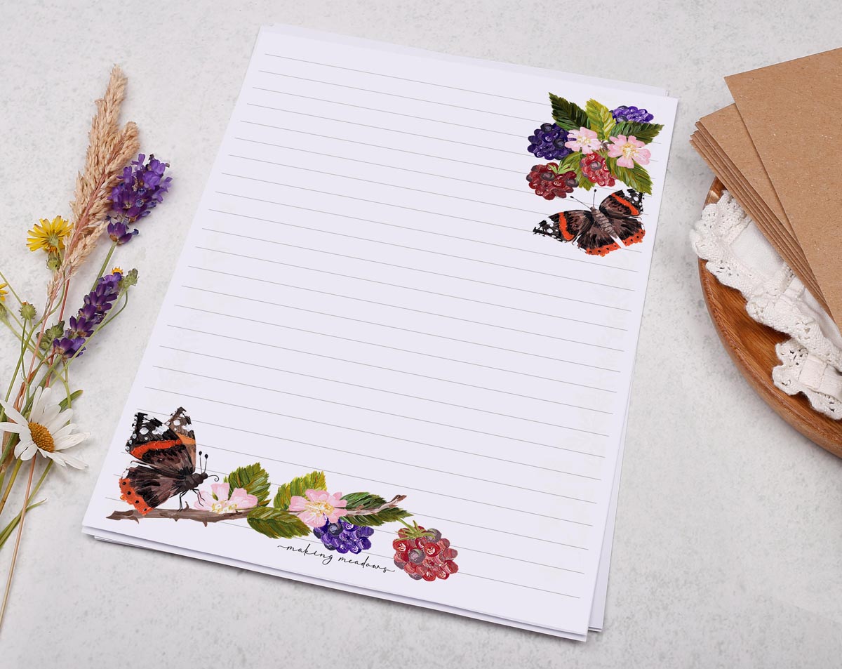 A5 writing paper with butterfly & blackberries. Stationery designed by Making Meadows