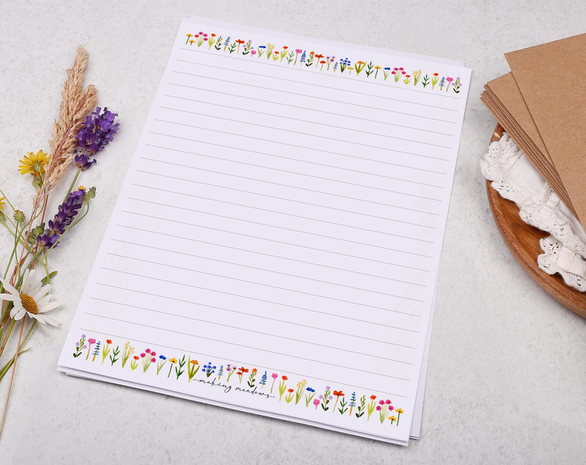 A5 writing paper with cute ditsy flower border. Stationery designed by Making Meadows