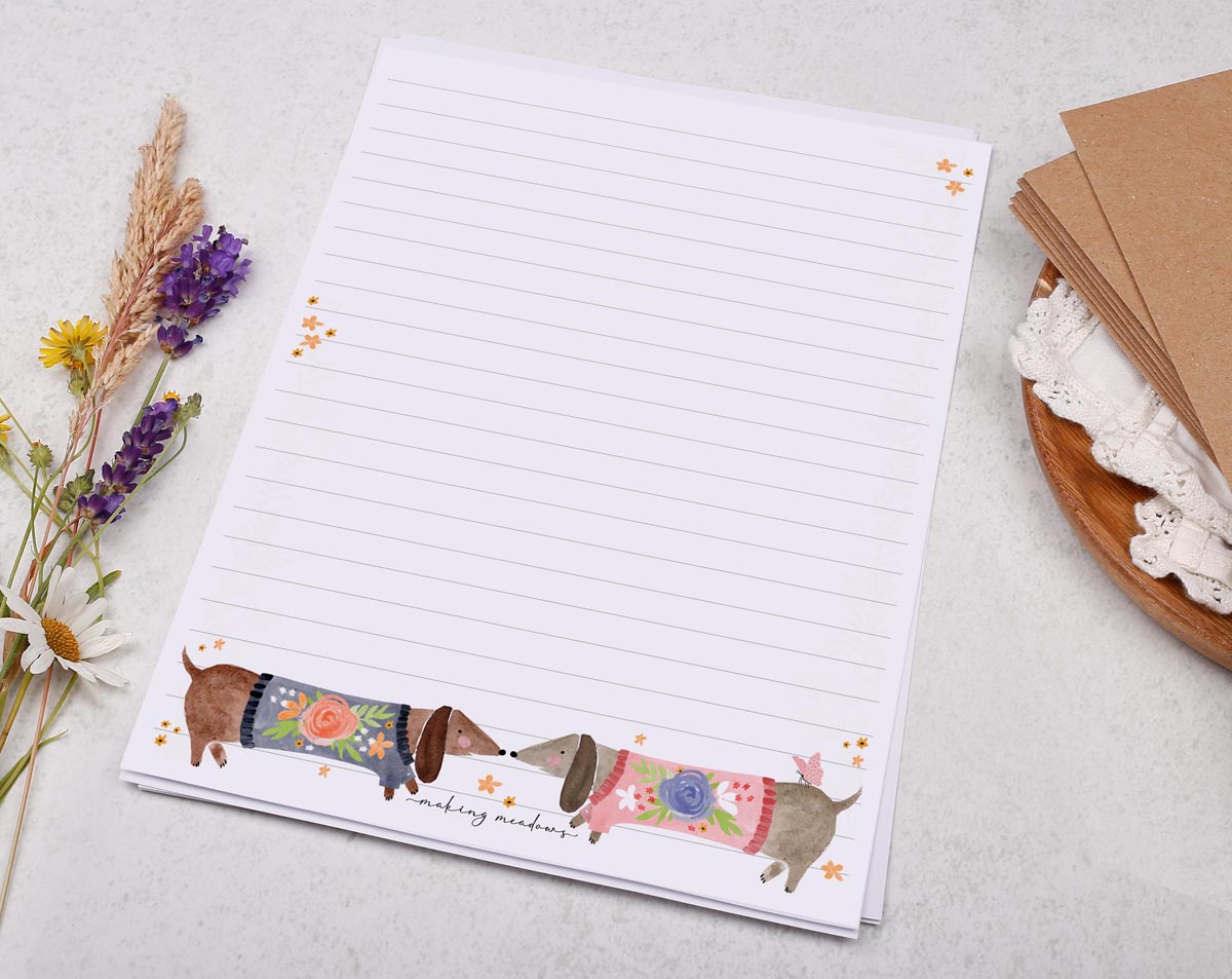 A5 writing paper with cute sausage dogs. Stationery designed by Making Meadows