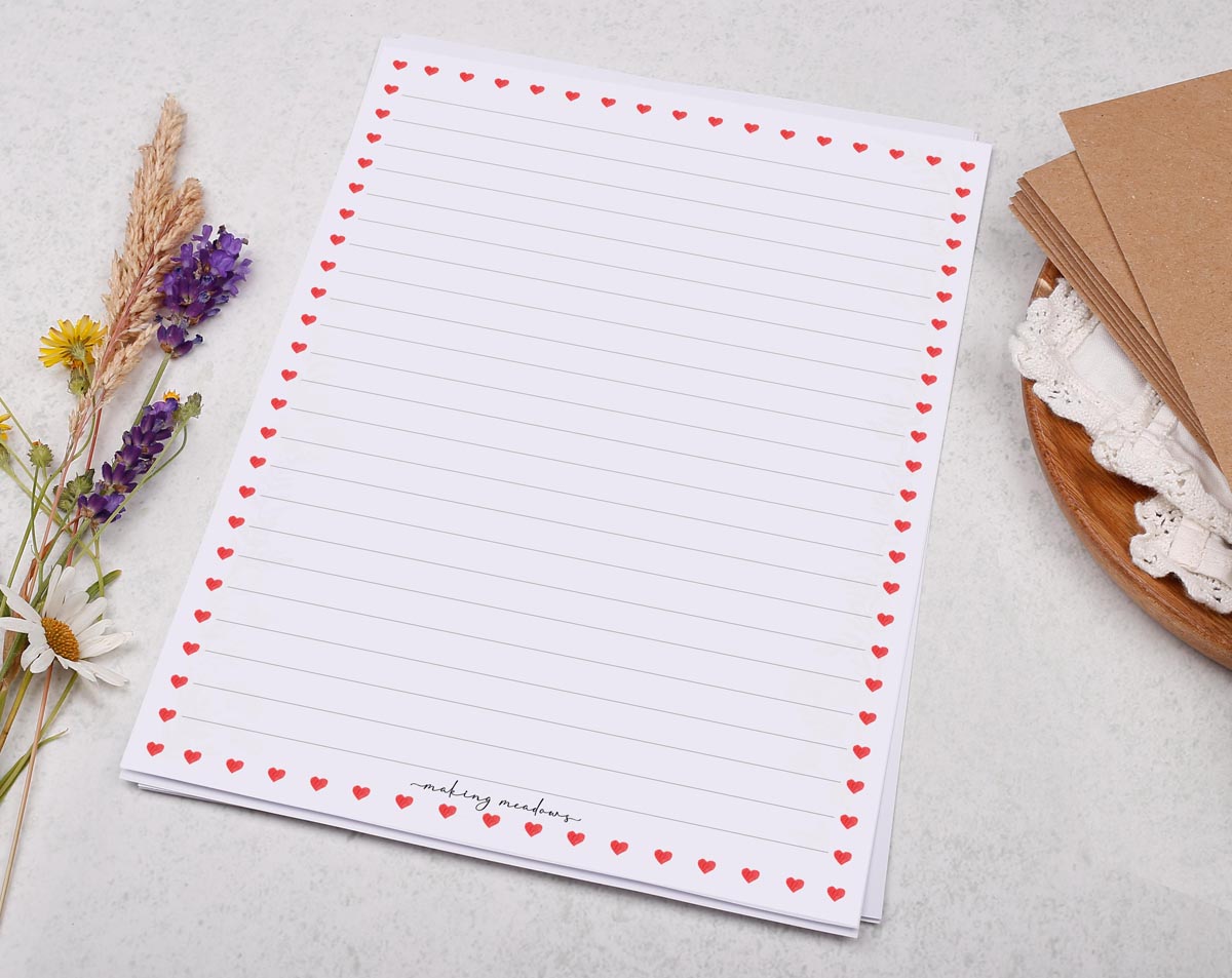 A5 writing paper with ditsy heart border. Stationery designed by Making Meadows
