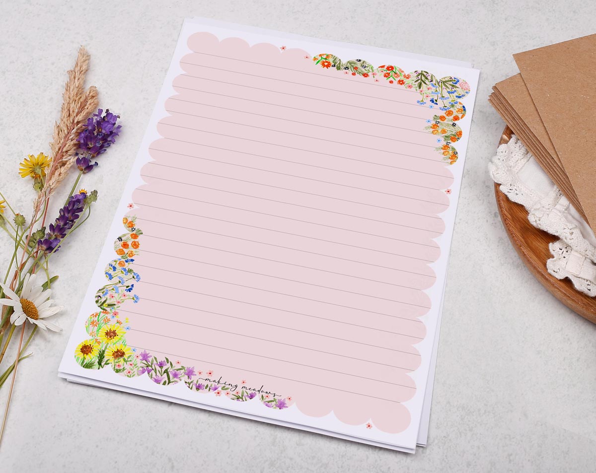 A5 writing paper with floral pink scalloped border. Stationery designed by Making Meadows