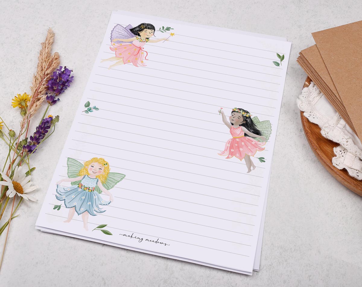 A5 writing paper with garden fairies. Stationery designed by Making Meadows