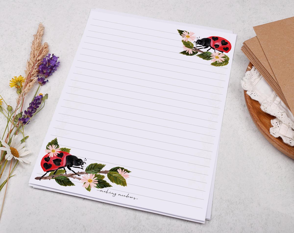 A5 writing paper with ladybirds & blossoms. Stationery designed by Making Meadows