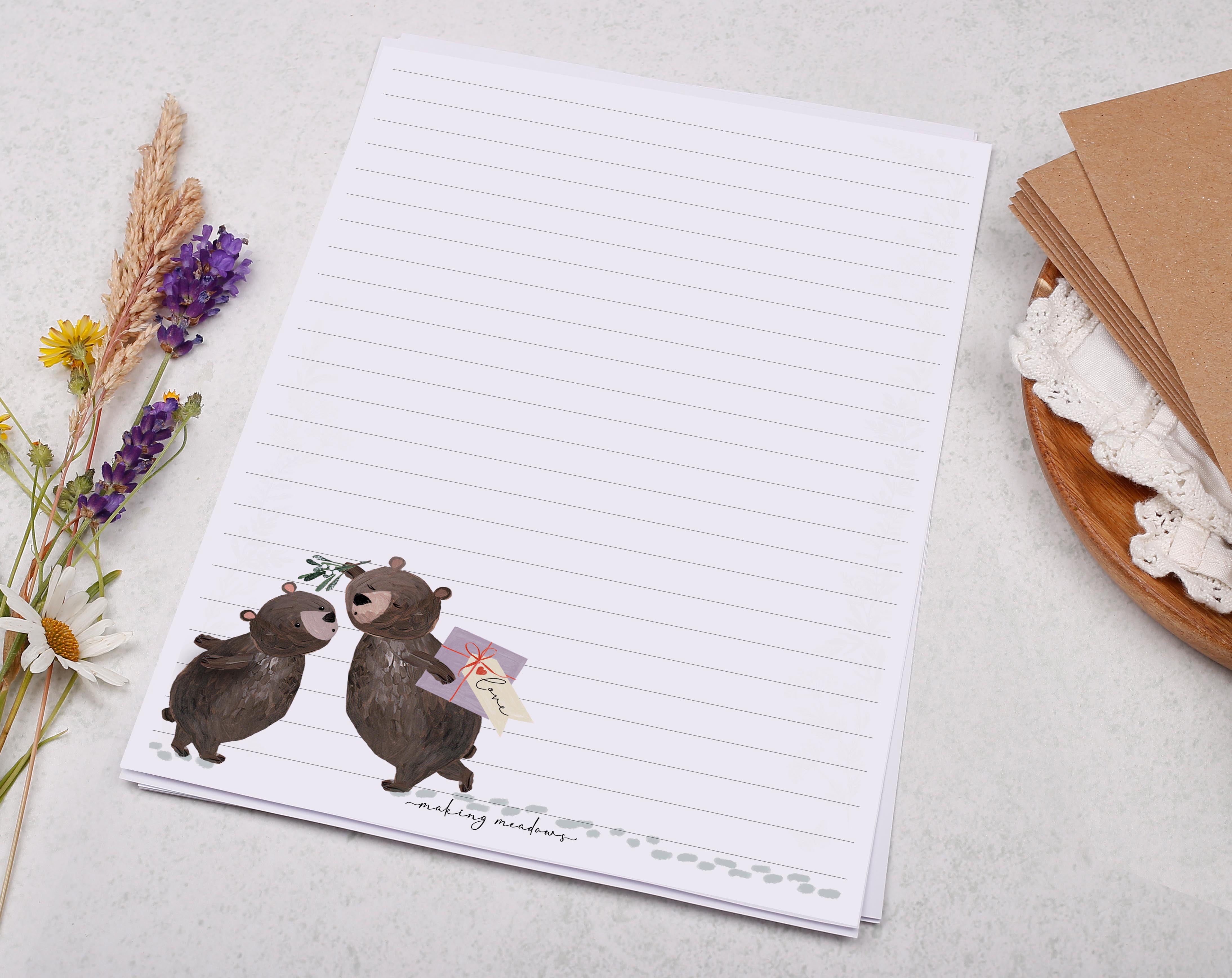 A5 writing paper with mistletoe kissing bears. Stationery designed by Making Meadows