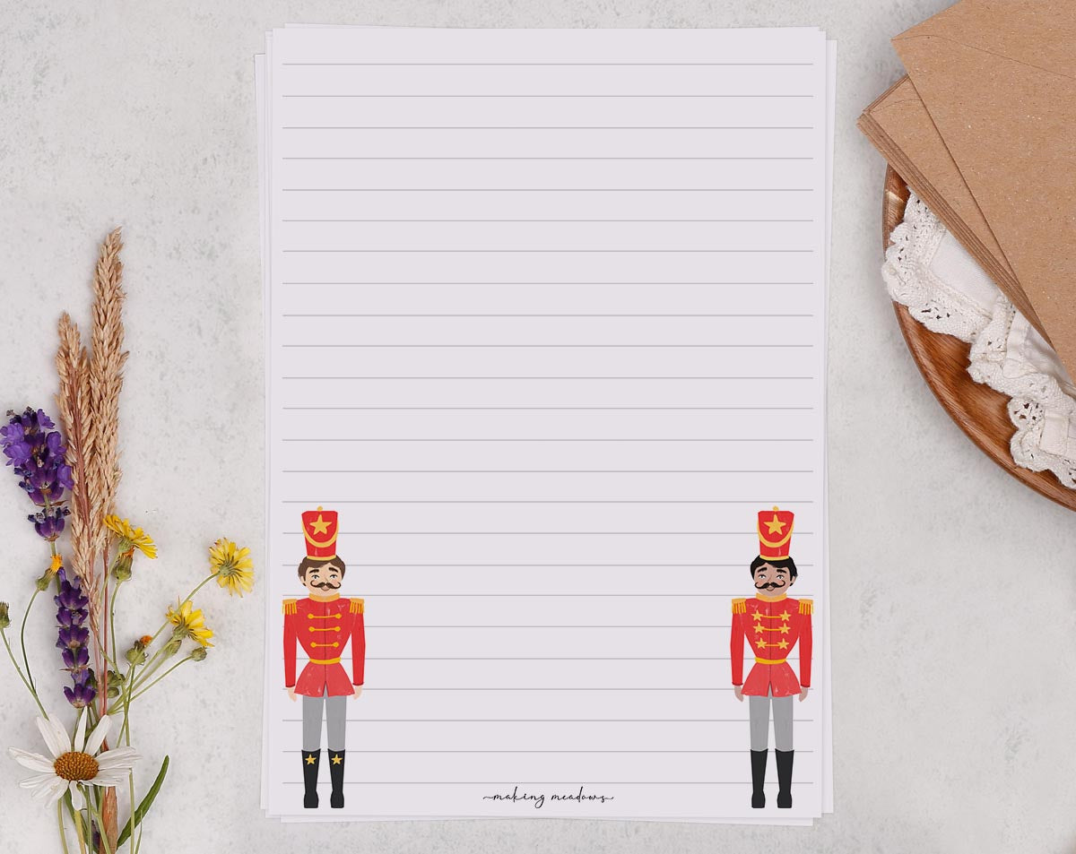 A5 writing paper with nutcracker soldiers. Stationery designed by Making Meadows