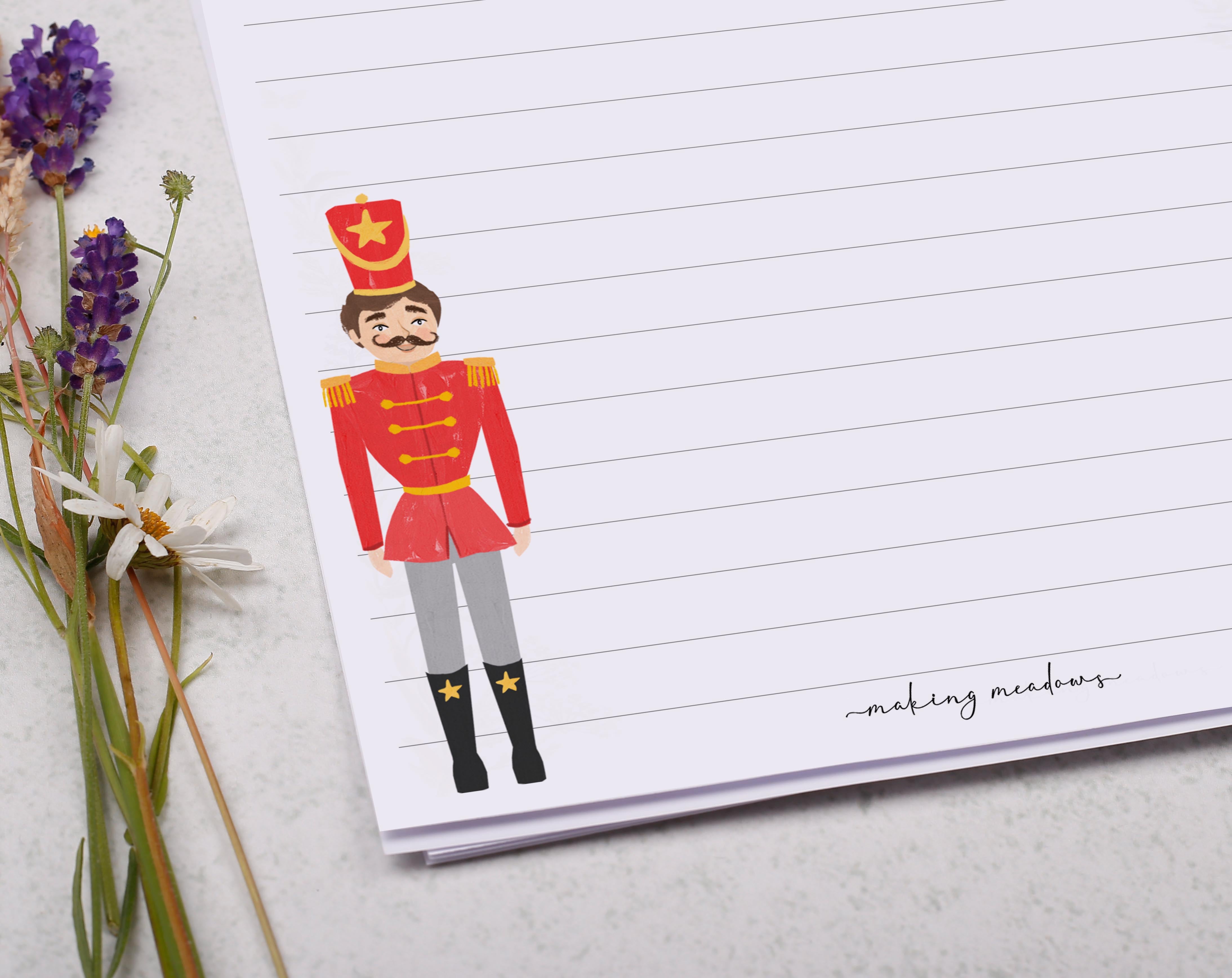 A5 writing paper with nutcracker soldiers. Stationery designed by Making Meadows