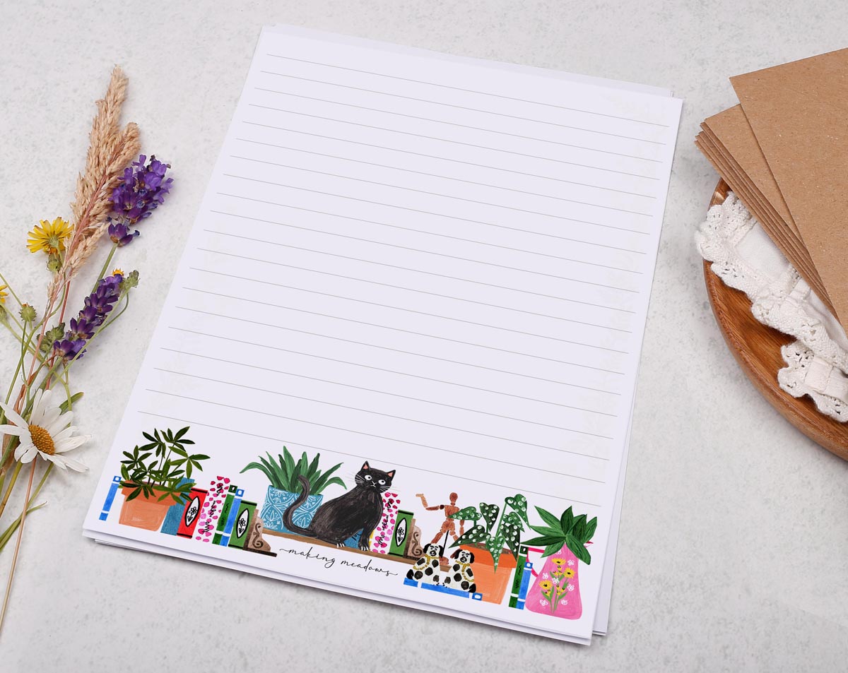 A5 writing paper with plants & books. Stationery designed by Making Meadows