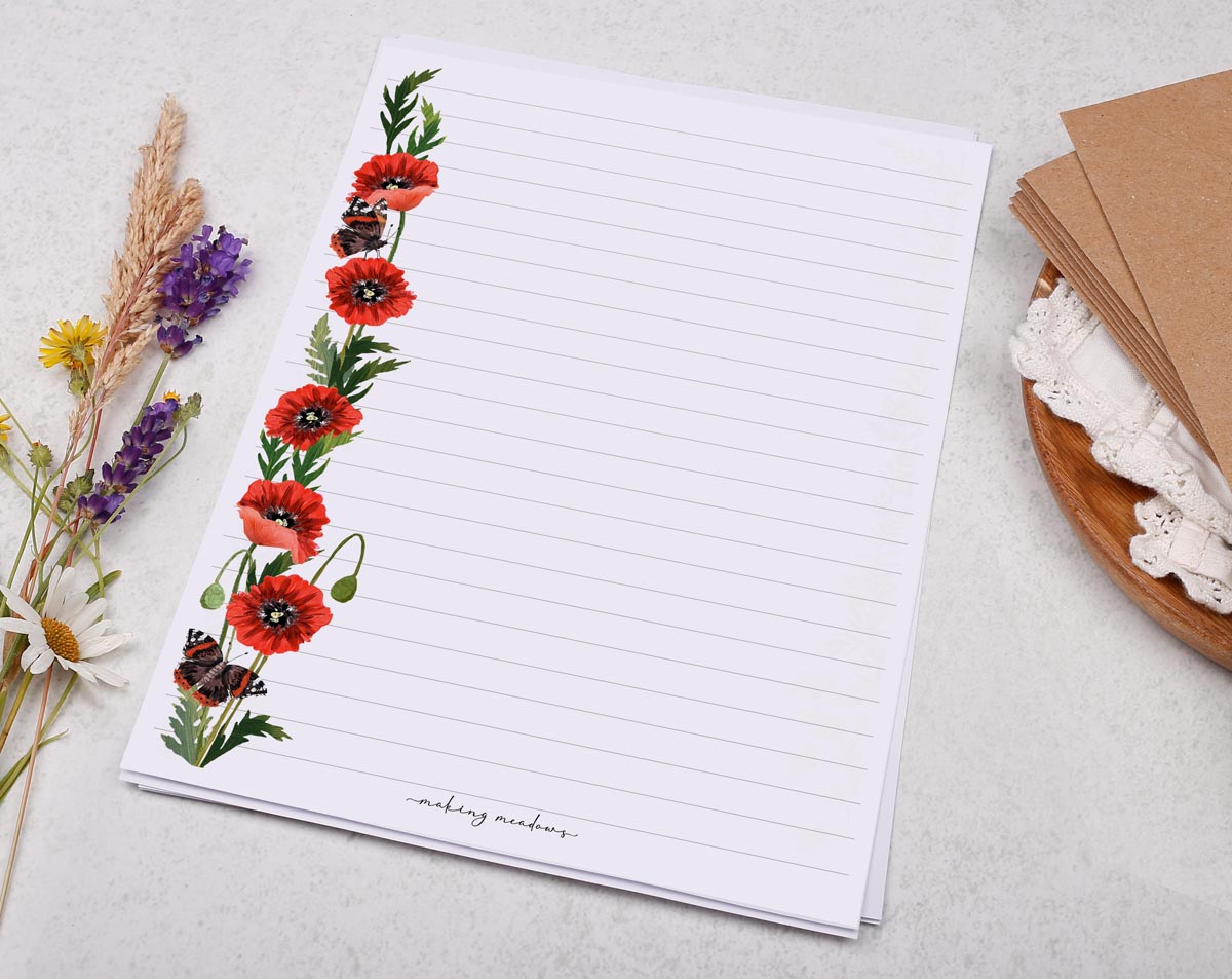 A5 writing paper with poppy flower border. Stationery designed by Making Meadows