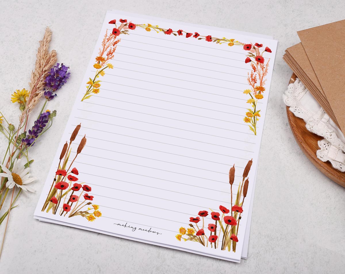 A5 writing paper with poppy & reeds. Stationery designed by Making Meadows