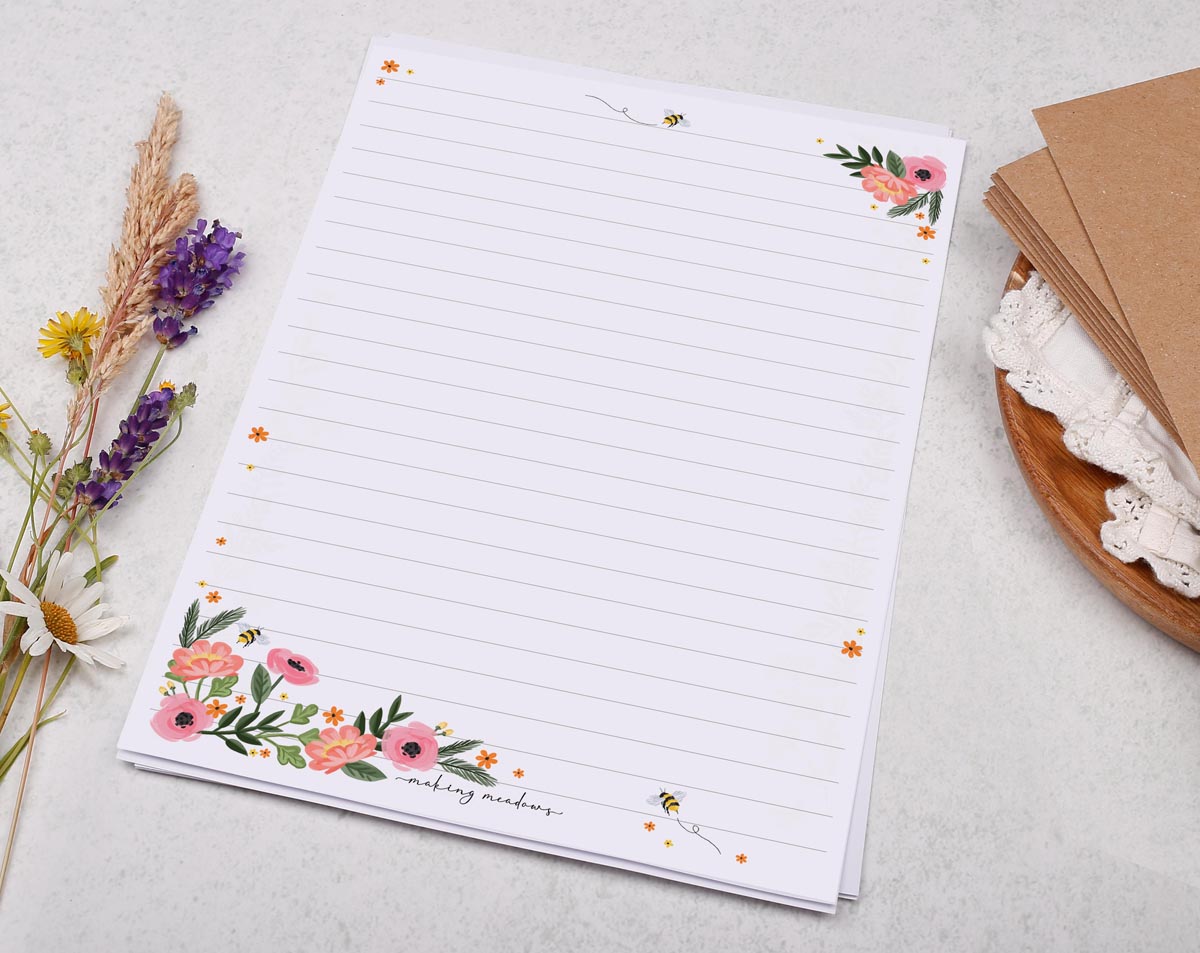 A5 writing paper with pretty pink flower cluster. Stationery designed by Making Meadows