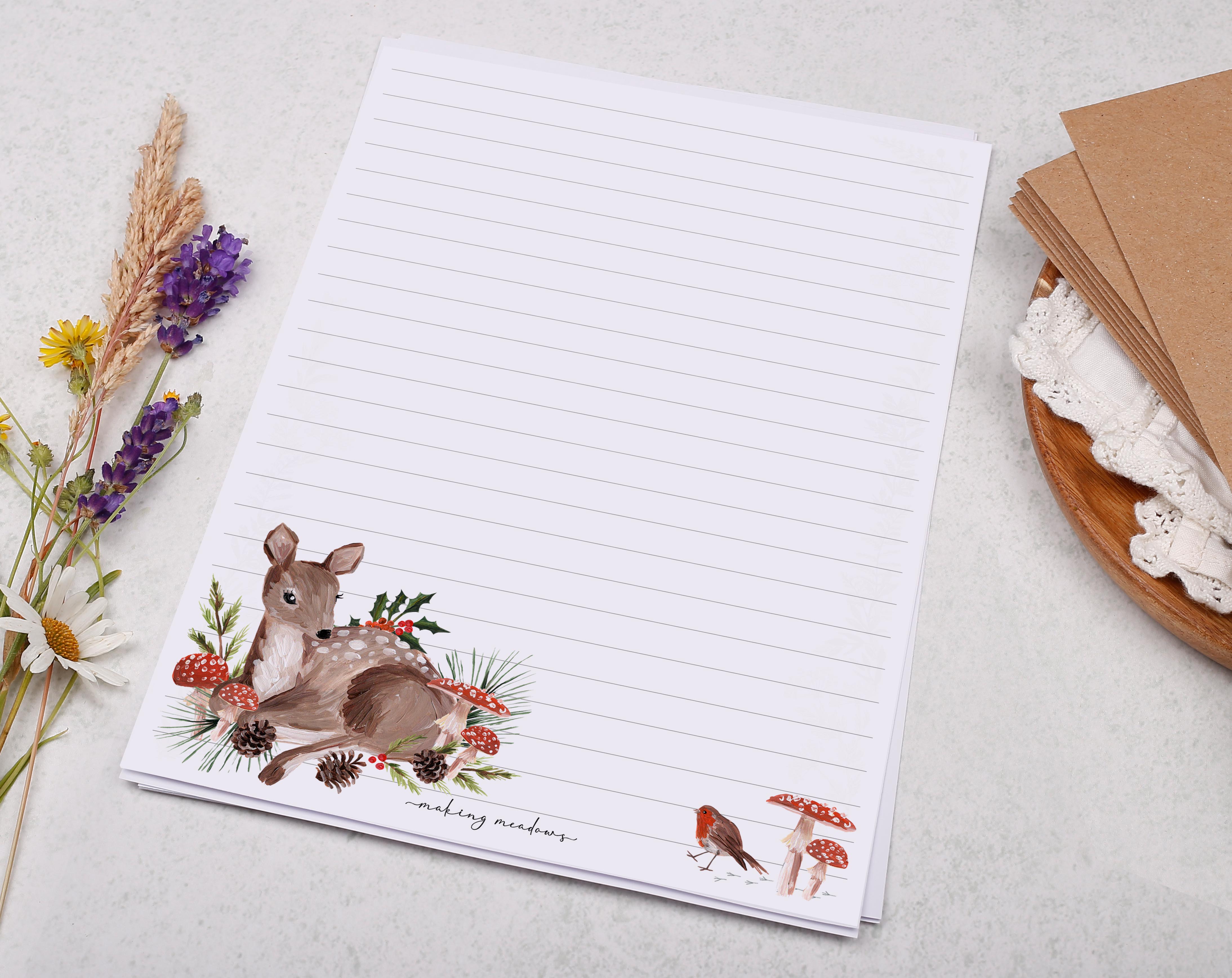A5 writing paper with robin & deer. Stationery designed by Making Meadows