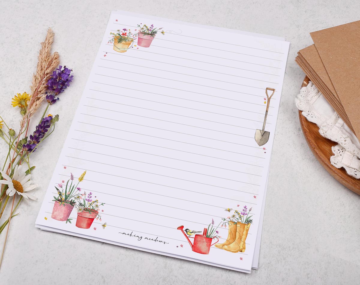 A5 writing paper with traditional garden design. Stationery designed by Making Meadows