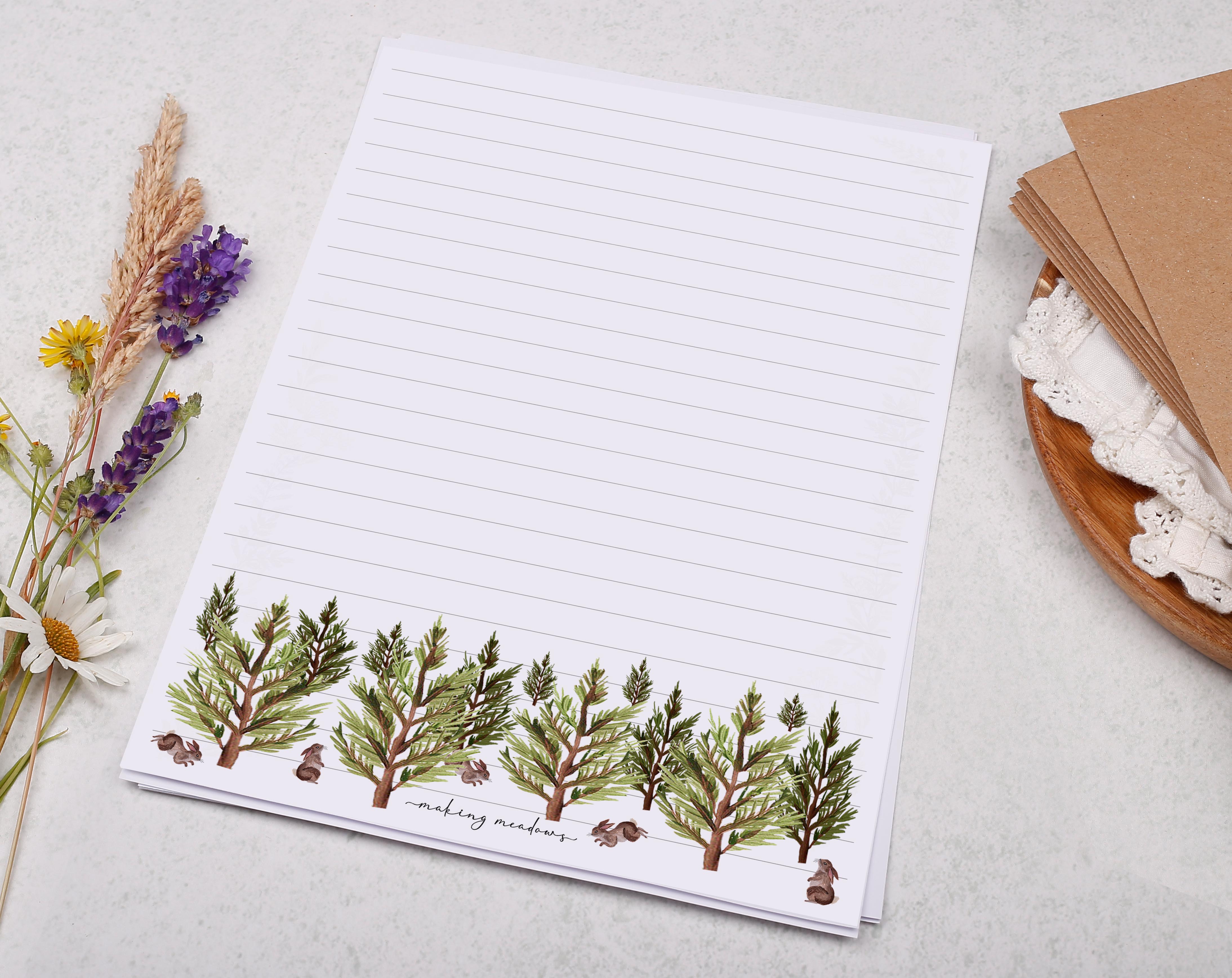 A5 writing paper with trees and rabbits. Stationery designed by Making Meadows