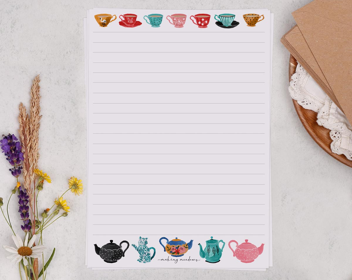 A5 writing paper with vintage tea pots. Stationery designed by Making Meadows