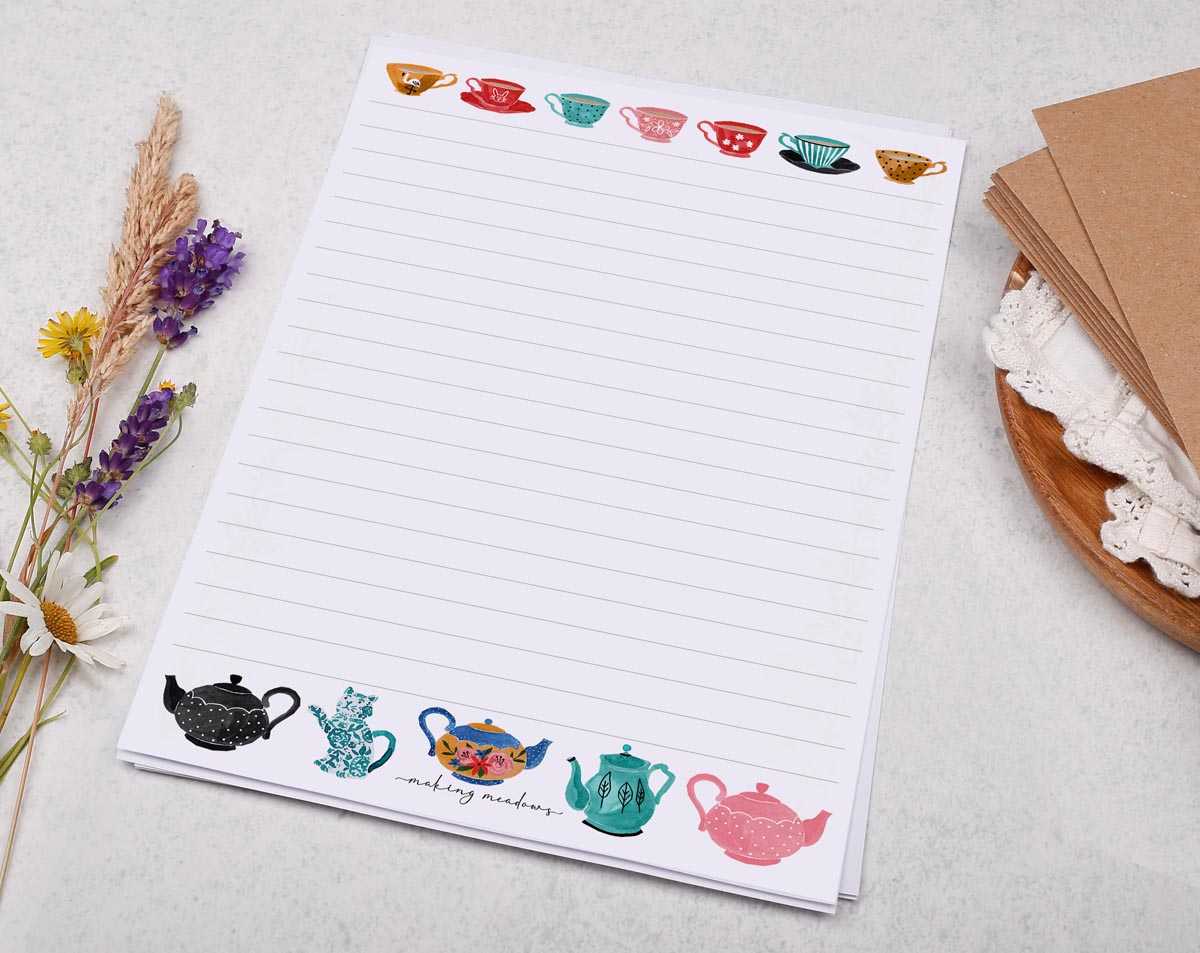 A5 writing paper with vintage tea pots. Stationery designed by Making Meadows